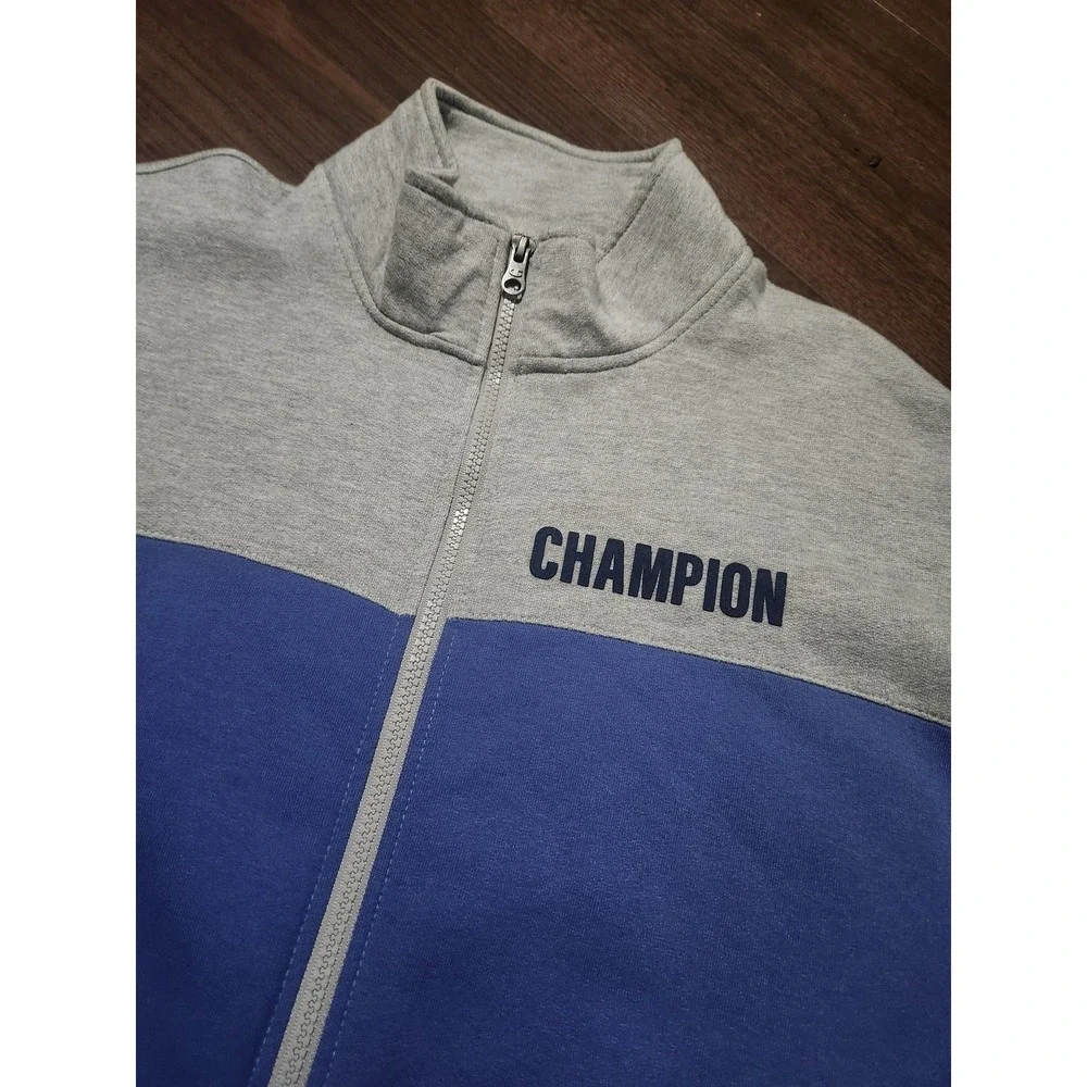 Champion Jacket Mens Large Gray Blue Full‎ Zip Track Fleece Colorblock Athletic